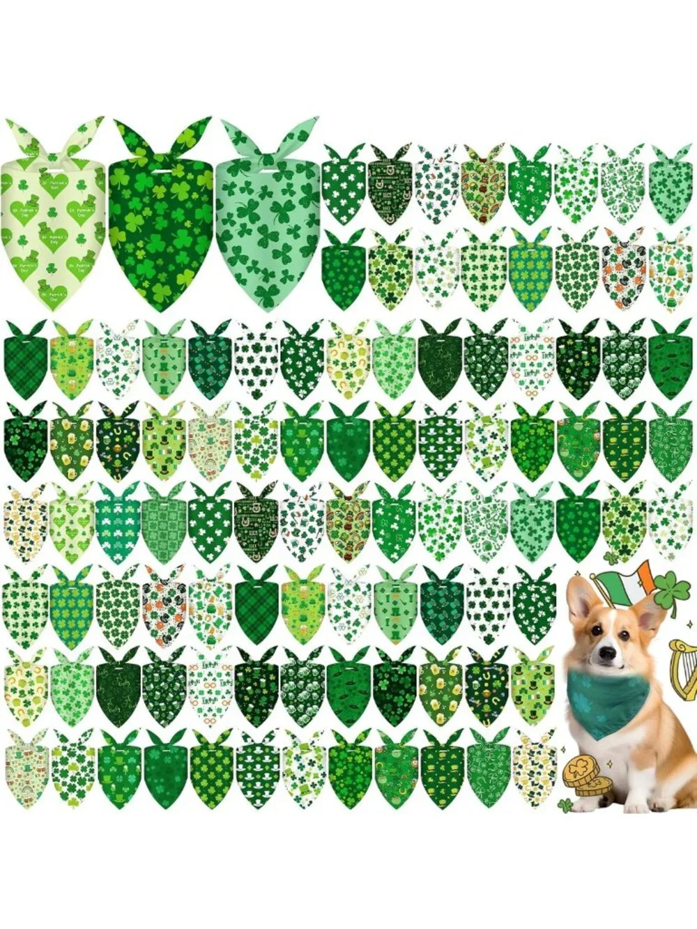 100 Pcs St. Patrick's Day Dog Bandanas - Lucky Shamrock Pet Scarves for All